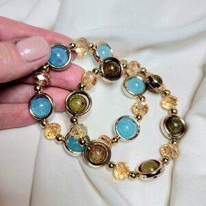 Turquoise & Gold Beaded Stretch Bracelet Set – 2-Piece Stack – NEW